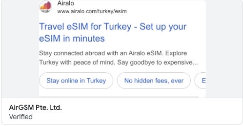 Airalo Google search ad for a Turkey travel eSIM, from the Google Ads Transparency Center